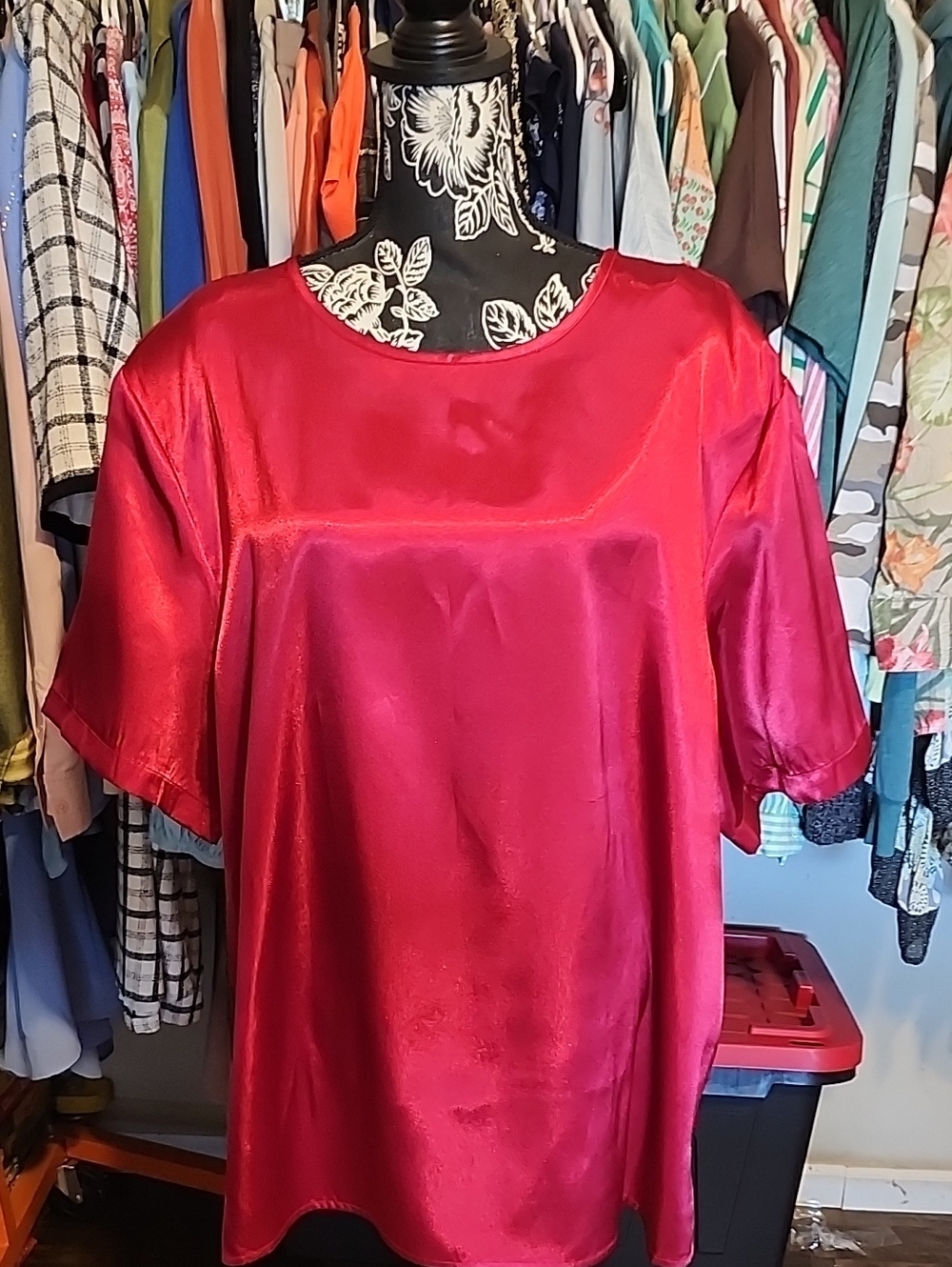 Studio C Satin Short-Sleeve Blouse in Fuchsia